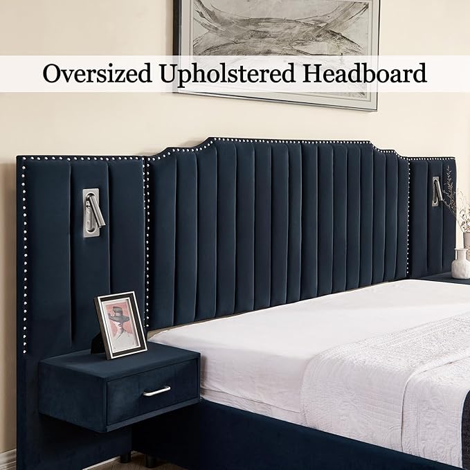 King Size Bed Frame with Storage, Luxury King Platform Bed Frame with Headboard - Image 6