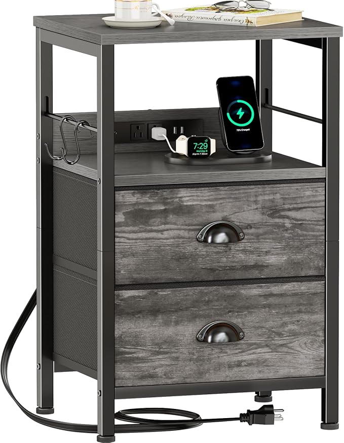 Furologee Nightstand with Charging Station, Night Stand with 2 Fabric Drawers by Furologee