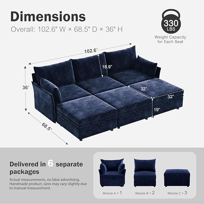 ABCASA 102.6" Luxury Modular Sleeper Sofa Bed 6 Seat Reversible Sectional Couch - Image 2