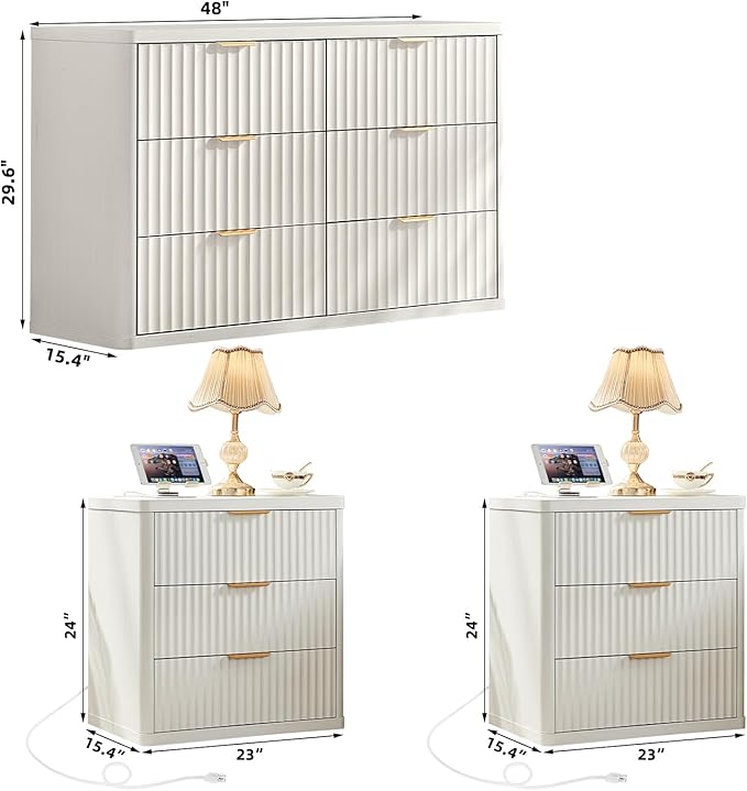LEYAOYAO 48" Wide Fluted Dresser and 3 Drawers 23" Nightstand Set of 2 - Image 3