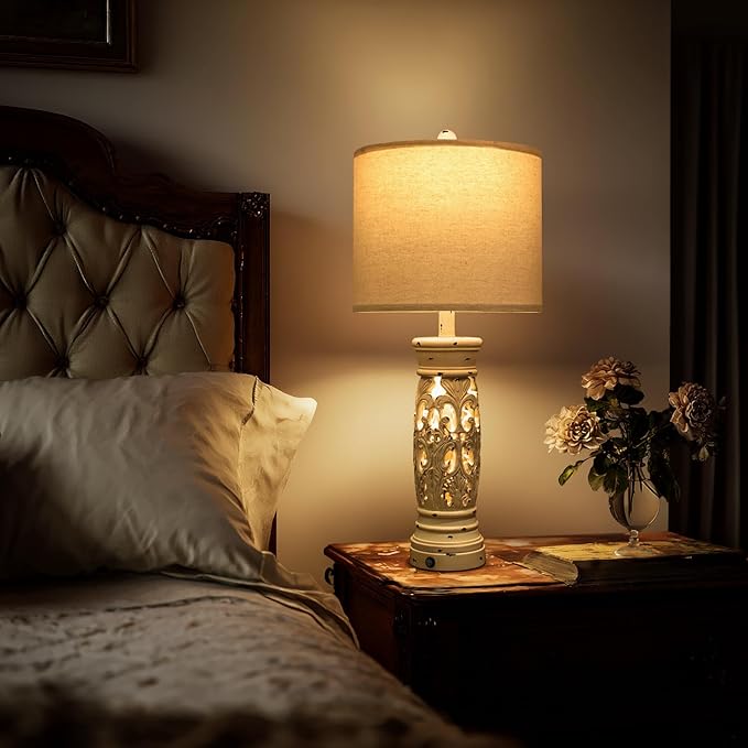 BOBOMOMO 27.25” Farmhouse Table Lamps Set of 2 – Antique White Bedside Lamps - Image 5