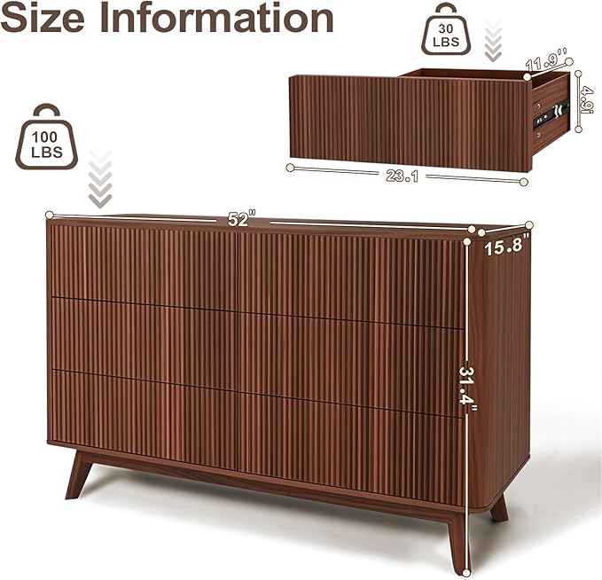 Fluted 6 Drawers Dresser for Bedroom, Wooden Dresser TV Stand, Wood Drawer - Image 2