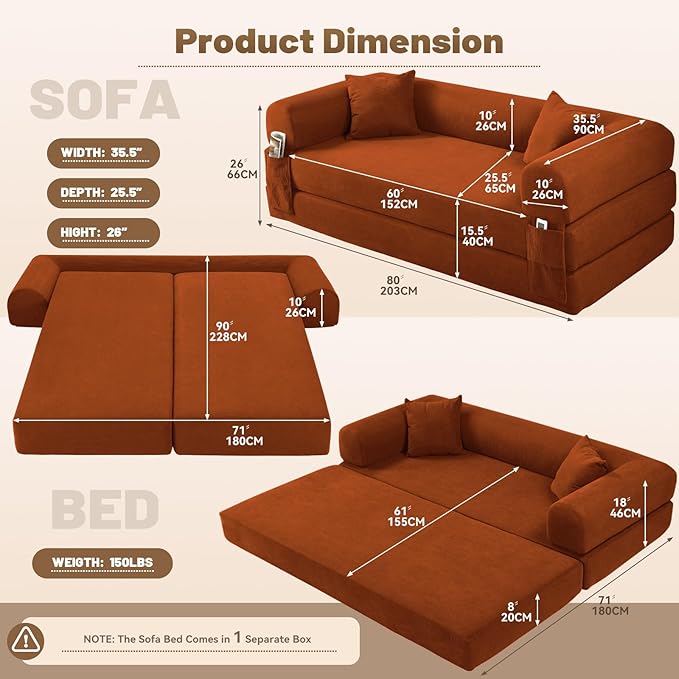 Convertible Futon Sofa Bed, Queen Sleeper Sofa Bed, Compressed Couch in a Box - Image 2