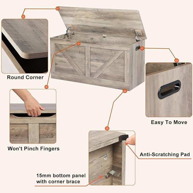 Timberer 39.4" Storage Chest, Wooden Storage Bench, Large Storage Trunk - Image 5