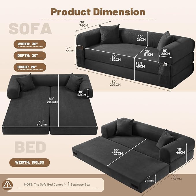 Convertible Sofa Bed, Corduroy Pull Out Couch Boneless Couches - Image 3