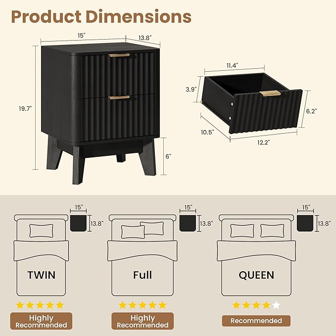 Fluted Nightstand Set of 2, Modern End Table - Image 2