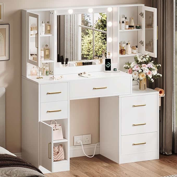 51" Vanity Desk with Mirror and Lights & Charging Station, Bedroom Dressing - Image 9