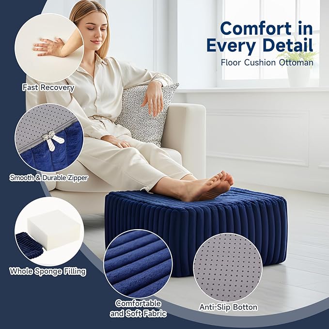 Tiita Suqre Stuffed Pouf Ottoman, Stripe Poufs 21×21×10 inch - Image 2