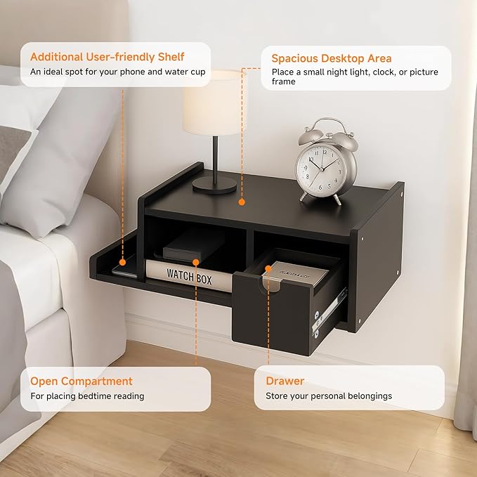 Floating Nightstand with Drawer & Shelf, Wall Mounted Bedside Table - Image 7