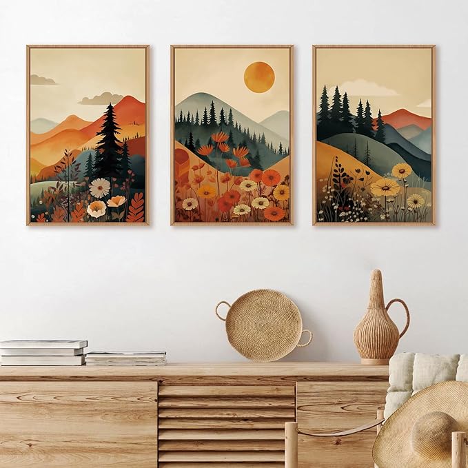 LHIUEM Large Boho Mountain Sunset Framed Canvas Wall Art Set, Pine Tree Flowers - Image 6
