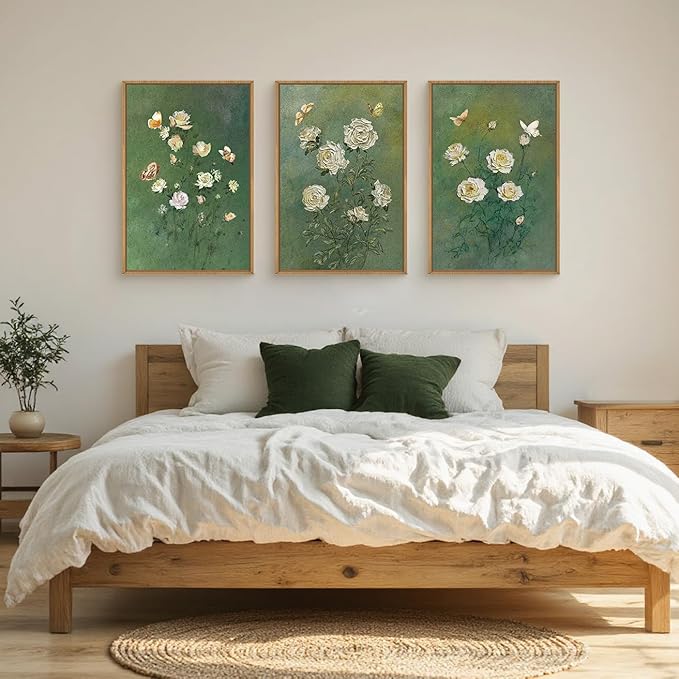 LHIUEM Vintage Moody White Roses Framed Canvas Wall Art, Abstract Flower Green - Image 5