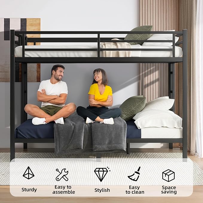 Queen Over Queen Bunk Bed Frame, Heavy Duty Metal Loft Bed - Image 4