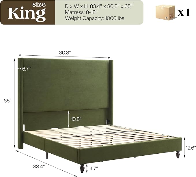 King Bed Frame with 65" Tall Headboard, Horizontal Fine Corduroy Bed Frame with - Image 2