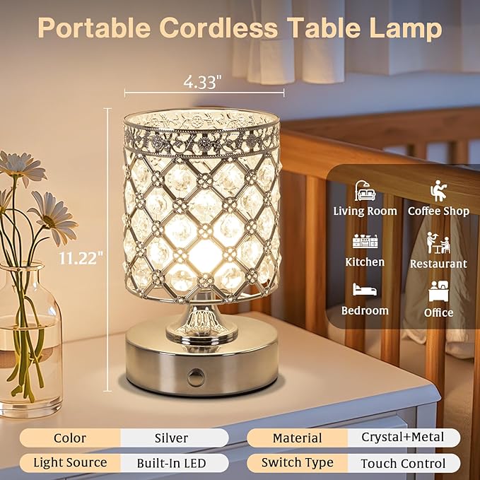 TOBUSA 6000mAh Crystal Battery Operated Lamp, Portable Bedside Touch Small Desk - Image 4