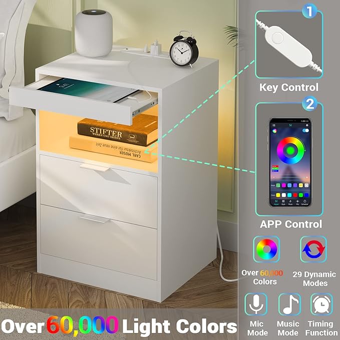 Tiptiper LED Nightstand with Wireless Charging Station, Bedside Table with LED - Image 5