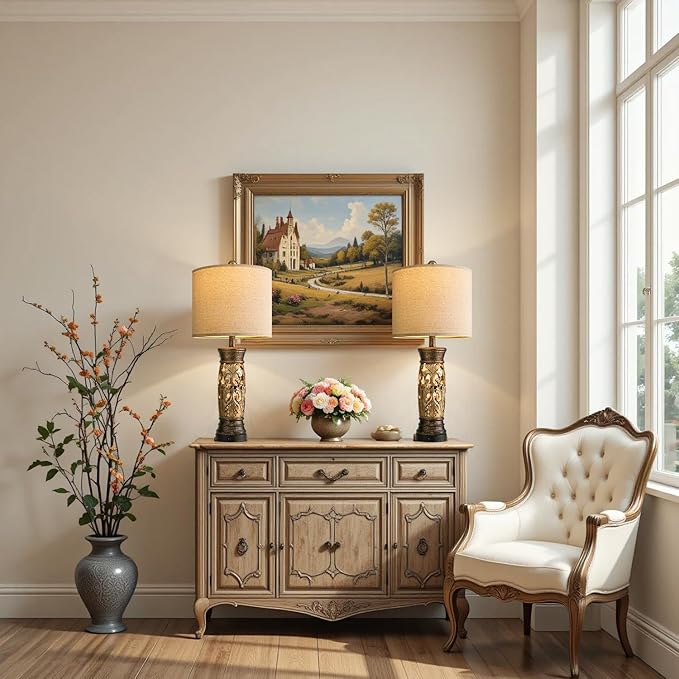 BOBOMOMO 27.25” Antique Gold Table Lamps Set of 2 – Farmhouse Bedside Lamps - Image 5