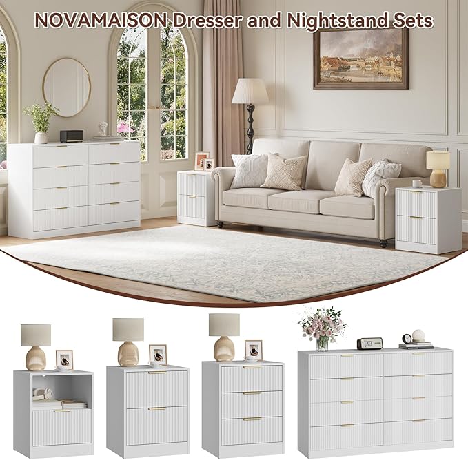 8 Drawer Dresser & Nightstand Set 3-Piece, 55” Wide Fluted Dresser and Night - Image 4