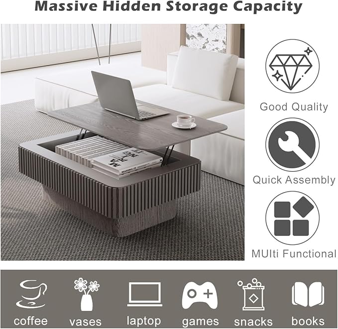 Lift Coffee Table with Storage & Adjustable Height, Rectangle Solid Wood Coffee - Image 6