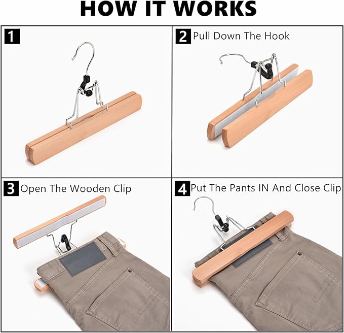 Amber Home 10 Pack Natural Wooden Pants Hangers, Wood Clamp Hangers - Image 3