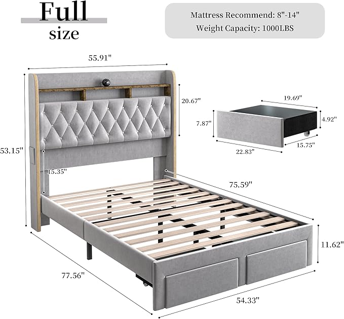 Full LED Bed Frame with Storage Drawers, Velvet Upholstered Platform Beds with - Image 2