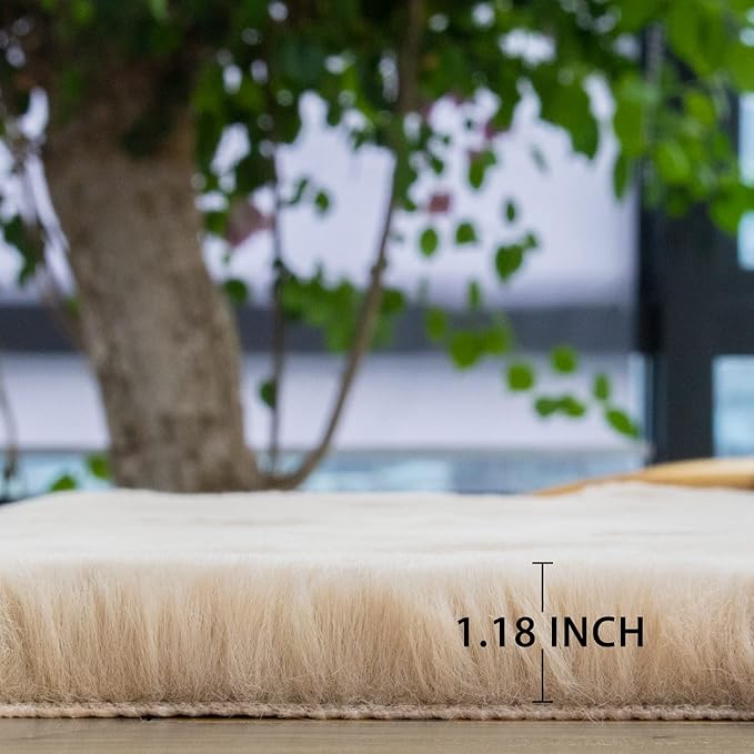 Light Brown Beige Plush Faux Rabbit Shaggy Fur Area Rugs - Image 2