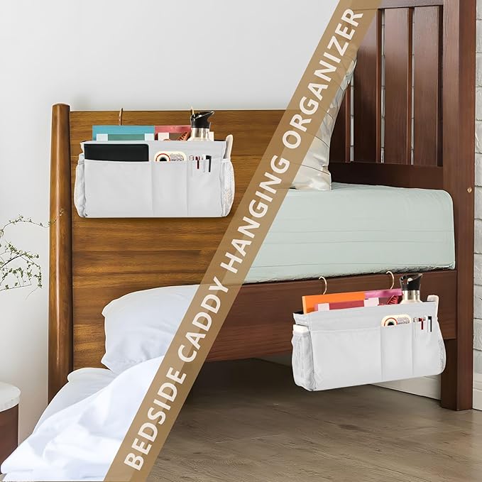 KOPIRIT White Bedside Caddy Storage Bag Bedside Organizer - Image 7