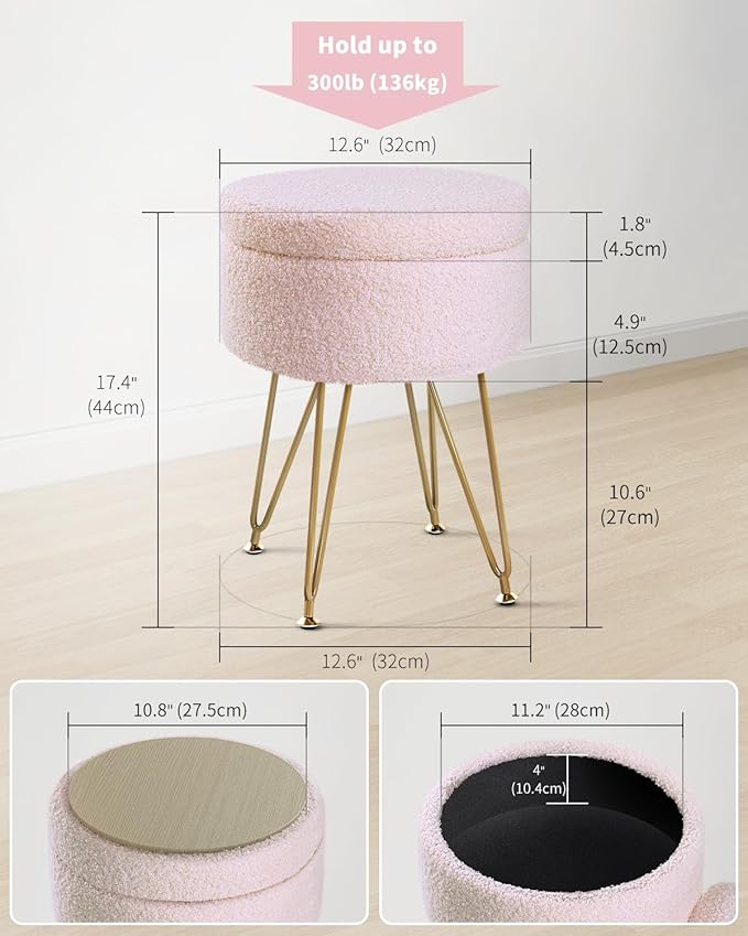 ABHENG Storage Ottoman Round Footrest Stool, Vanity Stool Chair Faux Teddy Fur - Image 2