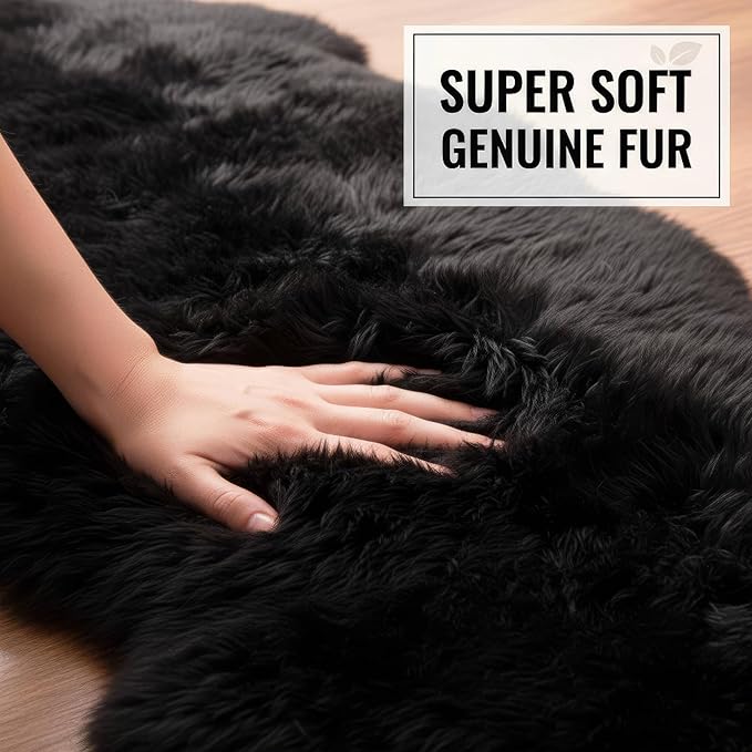 Authentic Black Sheepskin Rug 2x6 ft, Genuine Double Pelt Fluffy Fur Area Rug - Image 8