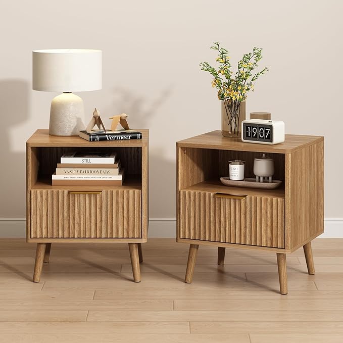 CARPETNAL Fluted Nightstand Set of 2, Walnut Bedside Table by CARPETNAL