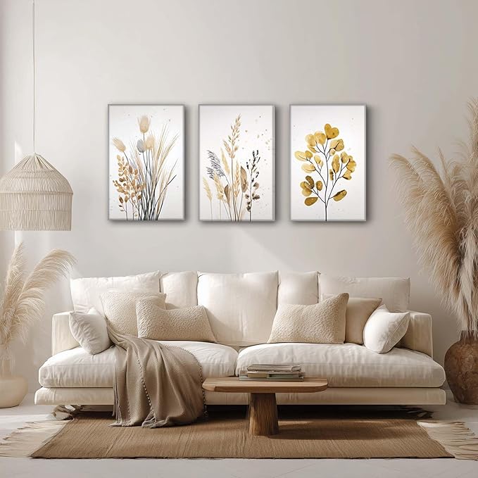 YCJKJDZ Beige Botanical Wrapped Canvas Wall Art Set of 3, Boho Watercolor - Image 2