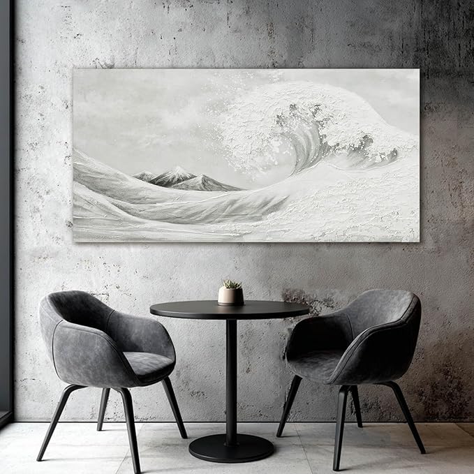 YETHEN WAL Neutral Grey & White Wave Wall Art – Textured Minimalist Canvas Print - Image 3