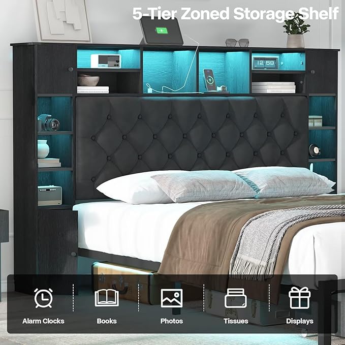 Full Size Bed Frame with Bookcase Headboard and Storage Drawers, 51.2" Metal - Image 5