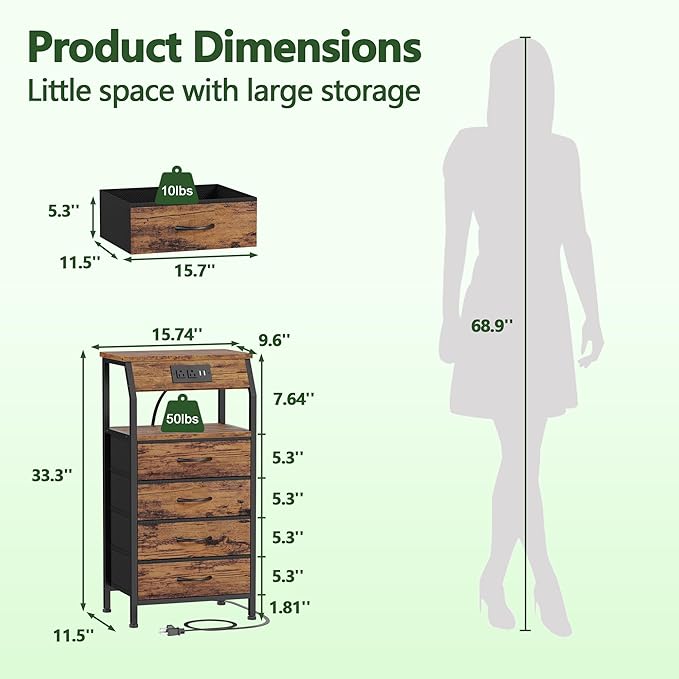 Furnulem Night Stand with Charging Station, Small Dresser with 4 Fabric Drawers - Image 3