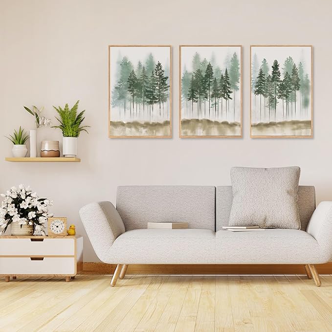 LHIUEM Foggy Pine Tree Framed Canvas Wall Art, Abstract Green Forest Wall Decor - Image 3