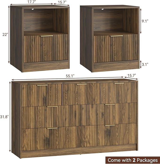 Fluted Dresser & Nightstand Set 3-Piece, 7 Drawer Dressers and Night Stand Set - Image 3