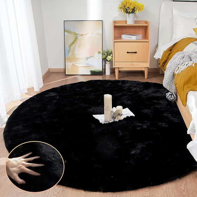 Black Round Area Rug 5ft Washable Faux Fluffy Fur Rug - Image 3