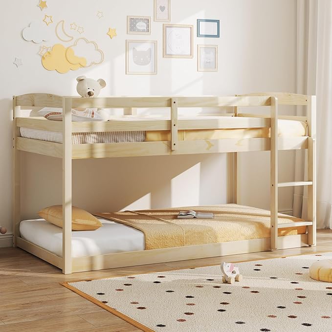 KOMFOTT Low Bunk Bed Twin Over Twin, Solid Wood Twin Bed Frame - Image 3