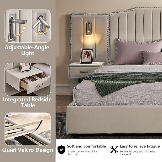 Luxury Queen Bed Frame with Headboard and Storage, Velvet Fabric Upholstered - Image 4