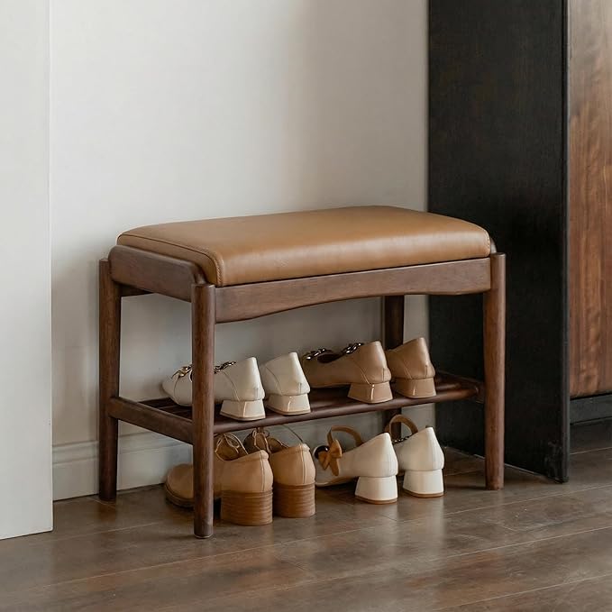 Black Walnut Shoe Bench Assembled, Solid Wood Shoe Rack Bench - Image 3