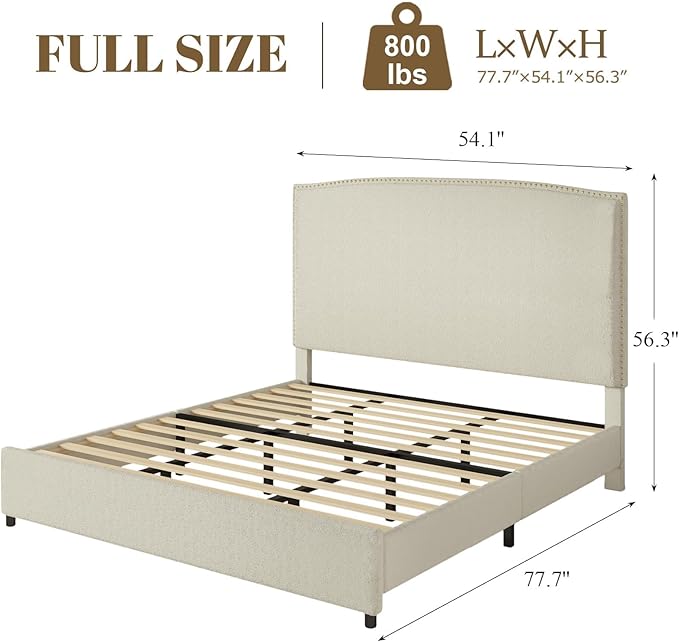 Full Size Bed Frame with Headboard, Soft Boucle Fabric, No Box Spring Needed - Image 2