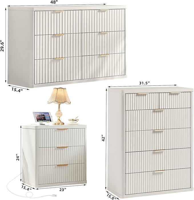 LEYAOYAO Fluted Dressers & Nightstand Set of 3, Wood 48" Wide Dresser & 42" - Image 3