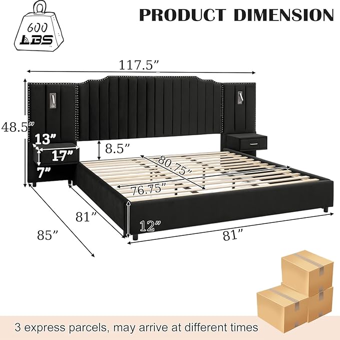 King Size Bed Frame with Storage, Luxury King Platform Bed Frame with Headboard - Image 2