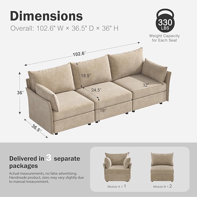 ABCASA 102.6" Modular Sectional Sofa, Oversized 3-Seater Couch - Image 2