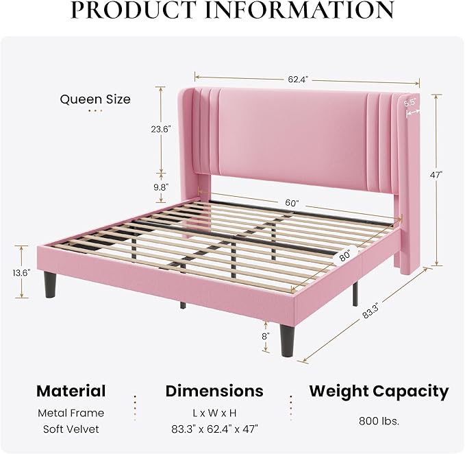 SHA CERLIN Queen Size Velvet Upholstered Platform Bed Frame - Image 2