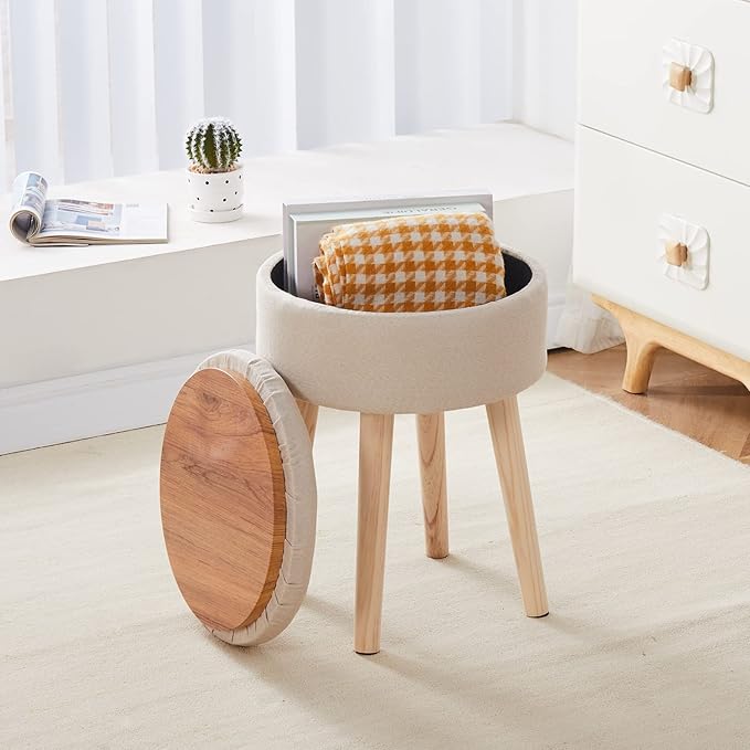 Mxfurhawa Storage Ottoman Linen Round Vanity Stool Tray Top Modern Foot Stool - Image 10