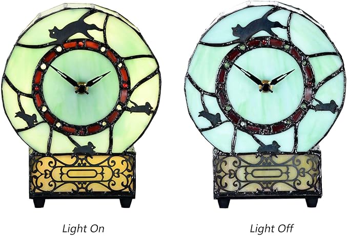 Bieye L10970 Cat and Mouse Tiffany Style Stained Glass Desk Clock Table Lamp - Image 5