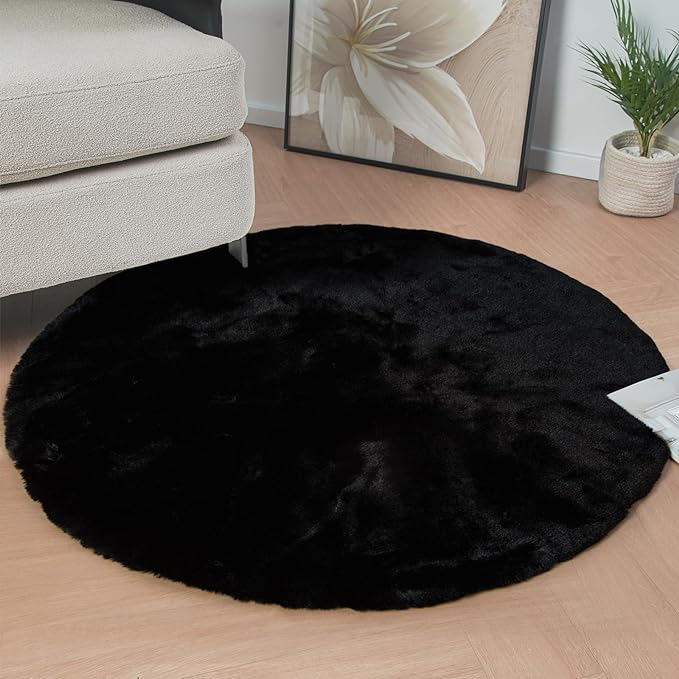 Black Round Plush Rugs for Bedroom Faux Bunny Fuzzy Washable Fur Area Rugs for by ORINOVA