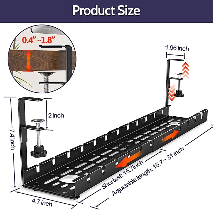 Shikha Cable Management Under Desk, 15.7"-31" Retractable Cable Management Tray - Image 4