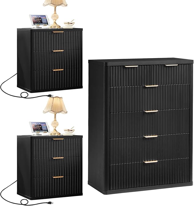 LEYAOYAO 42" Tall Fluted Dresser and 3 Drawers 23" Nightstand Set of 2 by LEYAOYAO-Findtheshiningpointofyourideallife%EF%BC%81