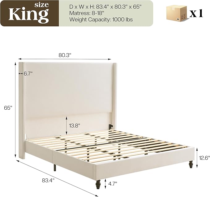 King Bed Frame with 65" Tall Headboard, Horizontal Fine Corduroy Bed Frame with - Image 2